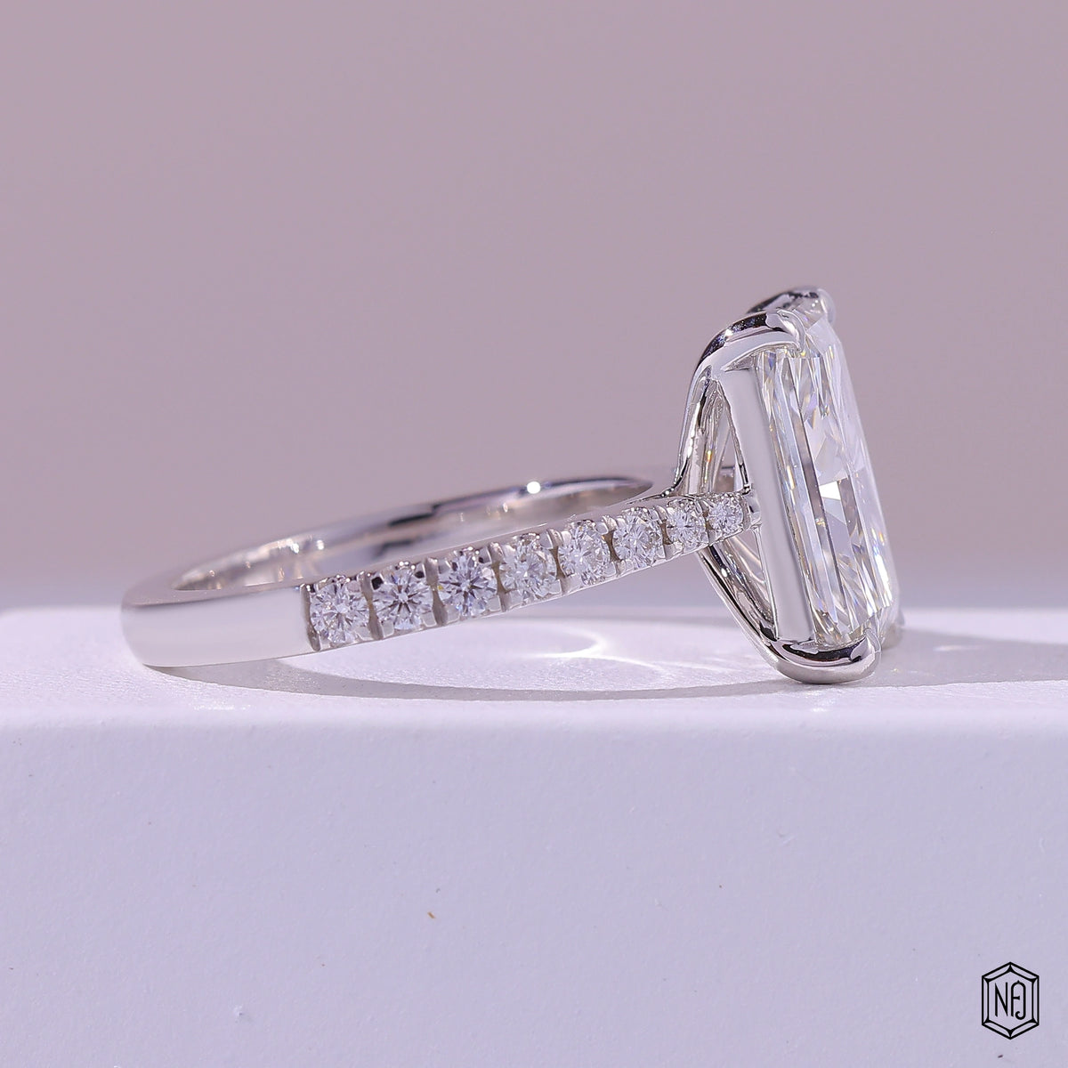 4.01 Carat Radiant Cut Lab Grown Diamond Side Stone Pavé Engagement Ring - Side Profile Angle