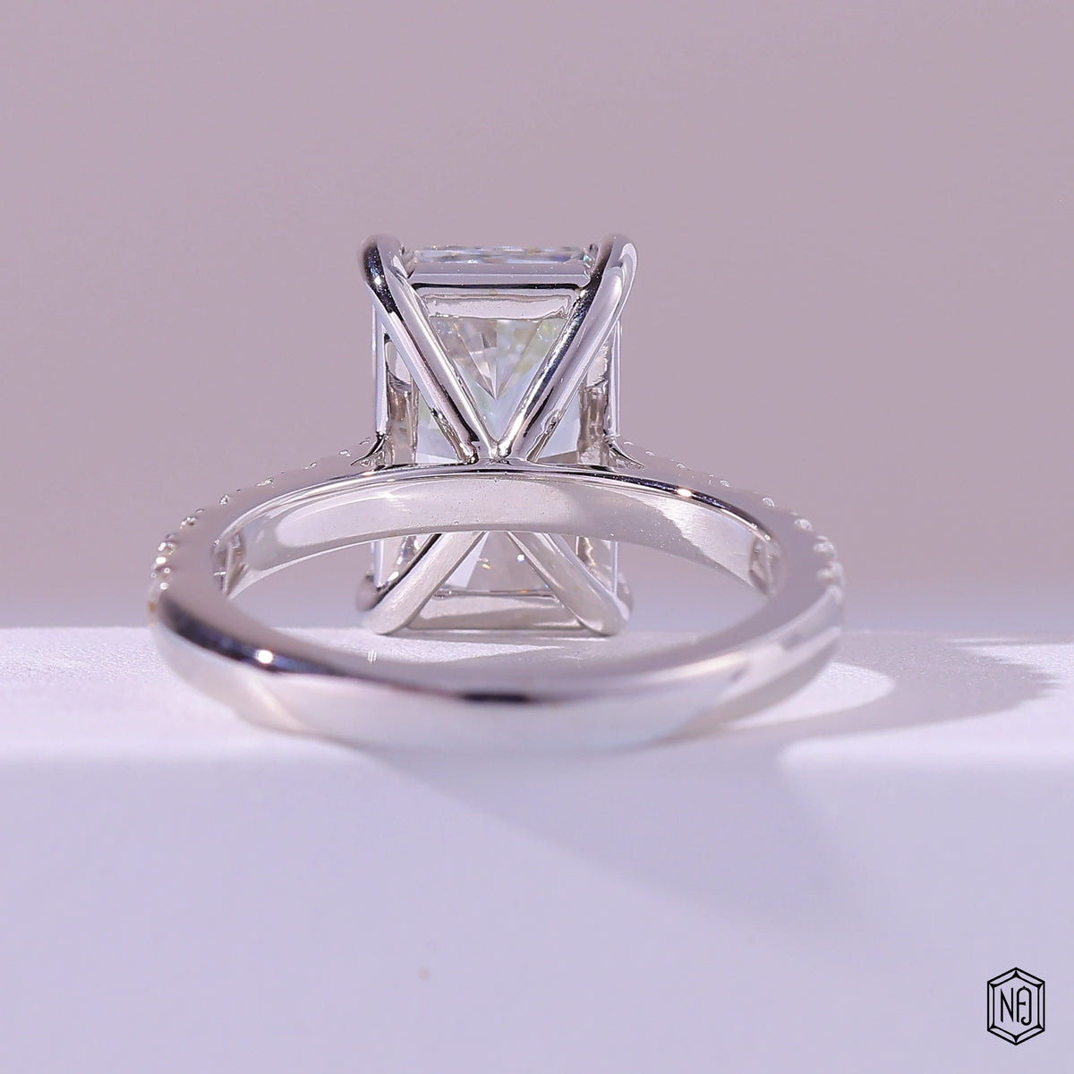 4.01 Carat Radiant Cut Lab Grown Diamond Side Stone Pavé Engagement Ring - Hand View / Detail Angle