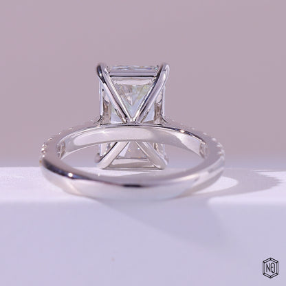 4.01 Carat Radiant Cut Lab Grown Diamond Side Stone Pavé Engagement Ring - Hand View / Detail Angle