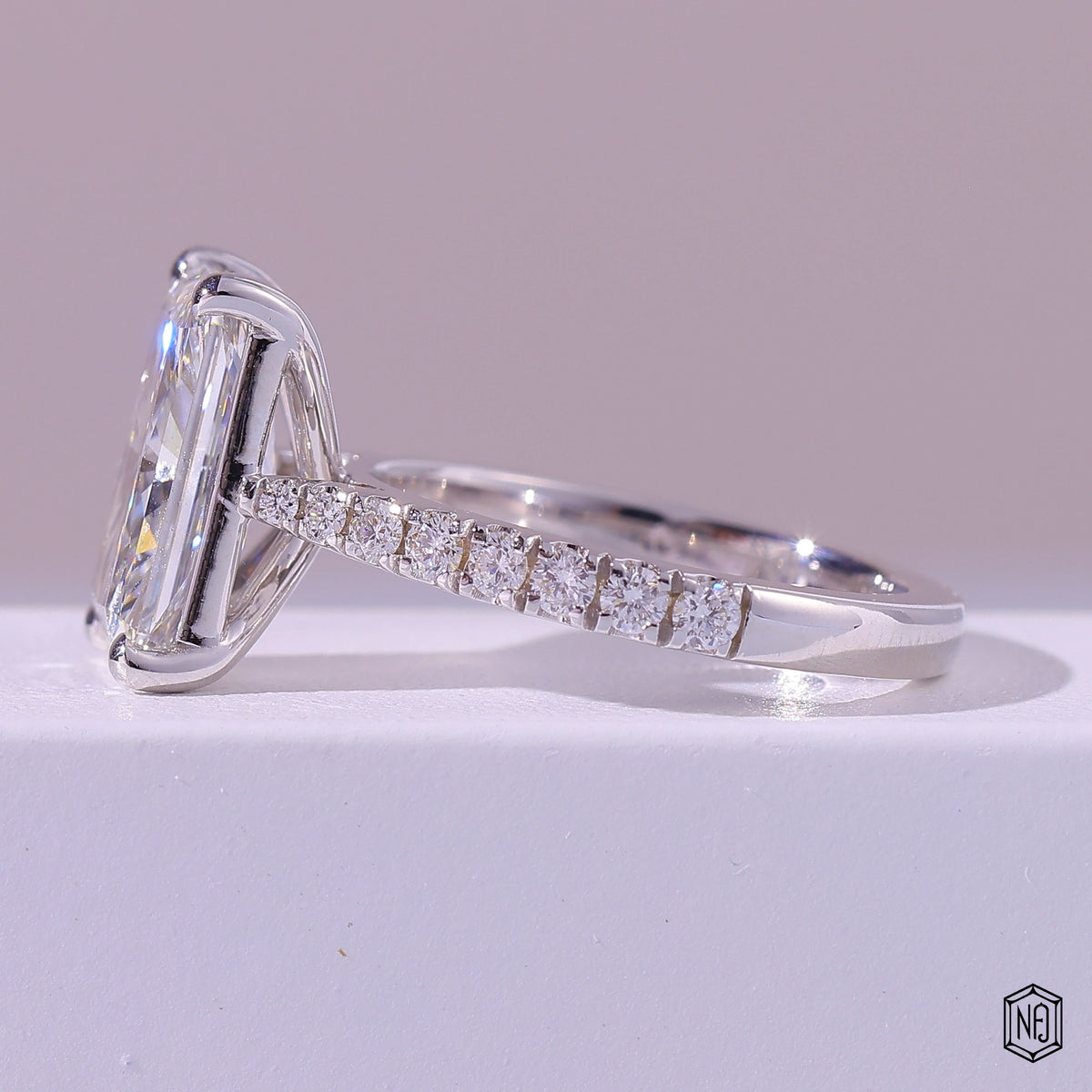 4.01 Carat Radiant Cut Lab Grown Diamond Side Stone Pavé Engagement Ring - Angled Perspective