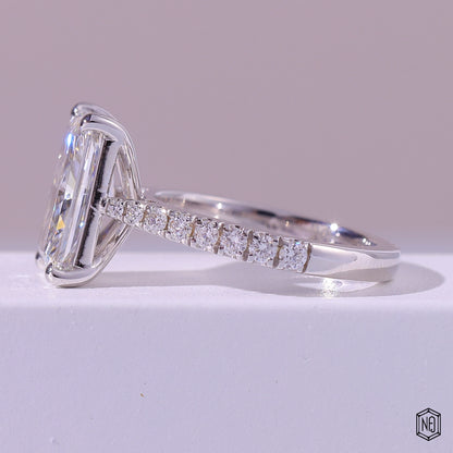 4.01 Carat Radiant Cut Lab Grown Diamond Side Stone Pavé Engagement Ring - Angled Perspective