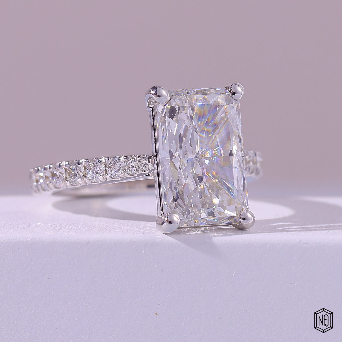 4.01 Carat Radiant Cut Lab Grown Diamond Side Stone Pavé Engagement Ring - Gallery & Prongs Detail
