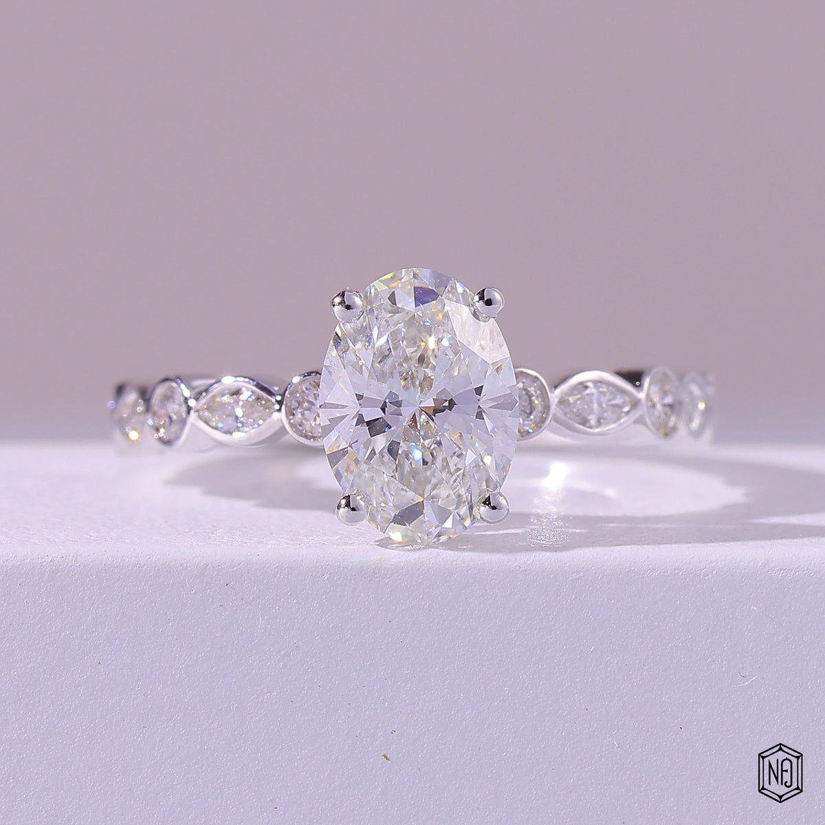 1.58 Carat Oval Cut Lab Grown Diamond Side Stone Pavé Engagement Ring - Front Top View