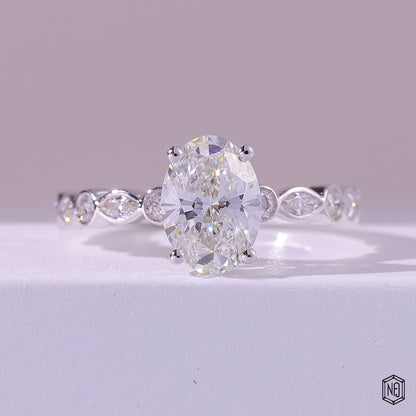 1.58 Carat Oval Cut Lab Grown Diamond Side Stone Pavé Engagement Ring - Front Top View