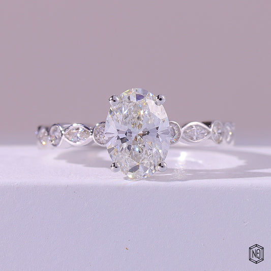 1.58 Carat Oval Cut Lab Grown Diamond Side Stone Pavé Engagement Ring - Front Top View