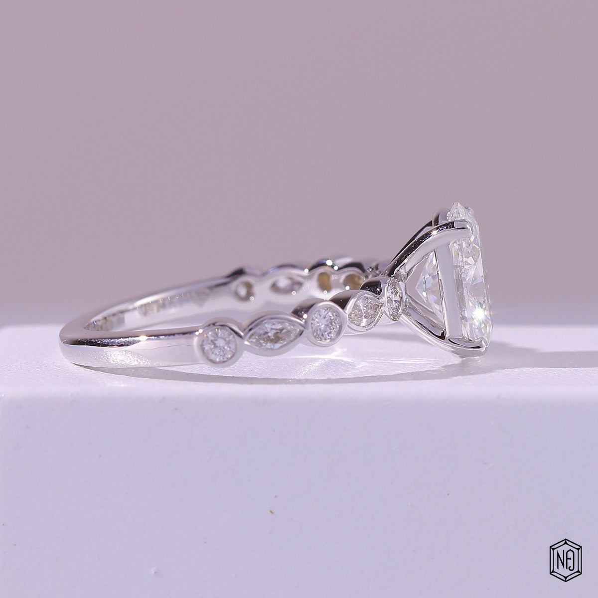 1.58 Carat Oval Cut Lab Grown Diamond Side Stone Pavé Engagement Ring - Side Profile Angle