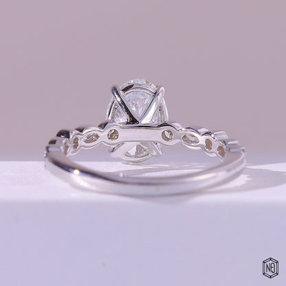 1.58 Carat Oval Cut Lab Grown Diamond Side Stone Pavé Engagement Ring - Hand View / Detail Angle