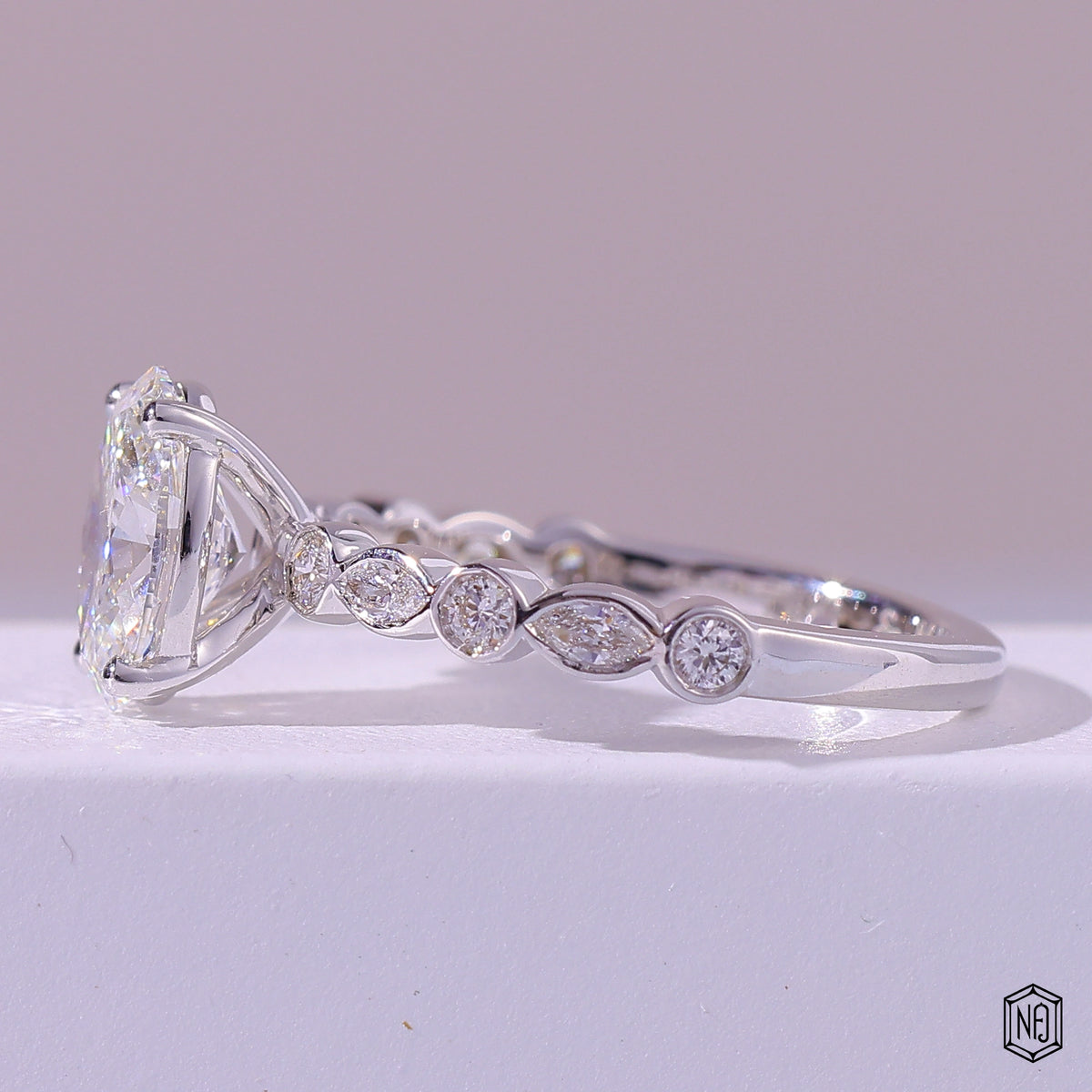 1.58 Carat Oval Cut Lab Grown Diamond Side Stone Pavé Engagement Ring - Angled Perspective