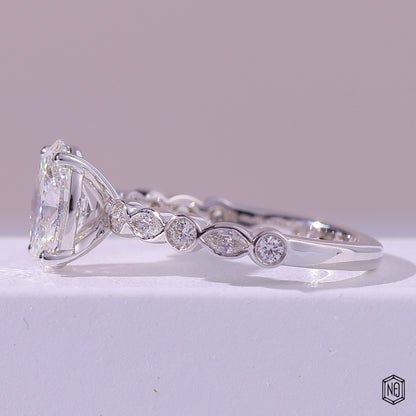 1.58 Carat Oval Cut Lab Grown Diamond Side Stone Pavé Engagement Ring - Angled Perspective