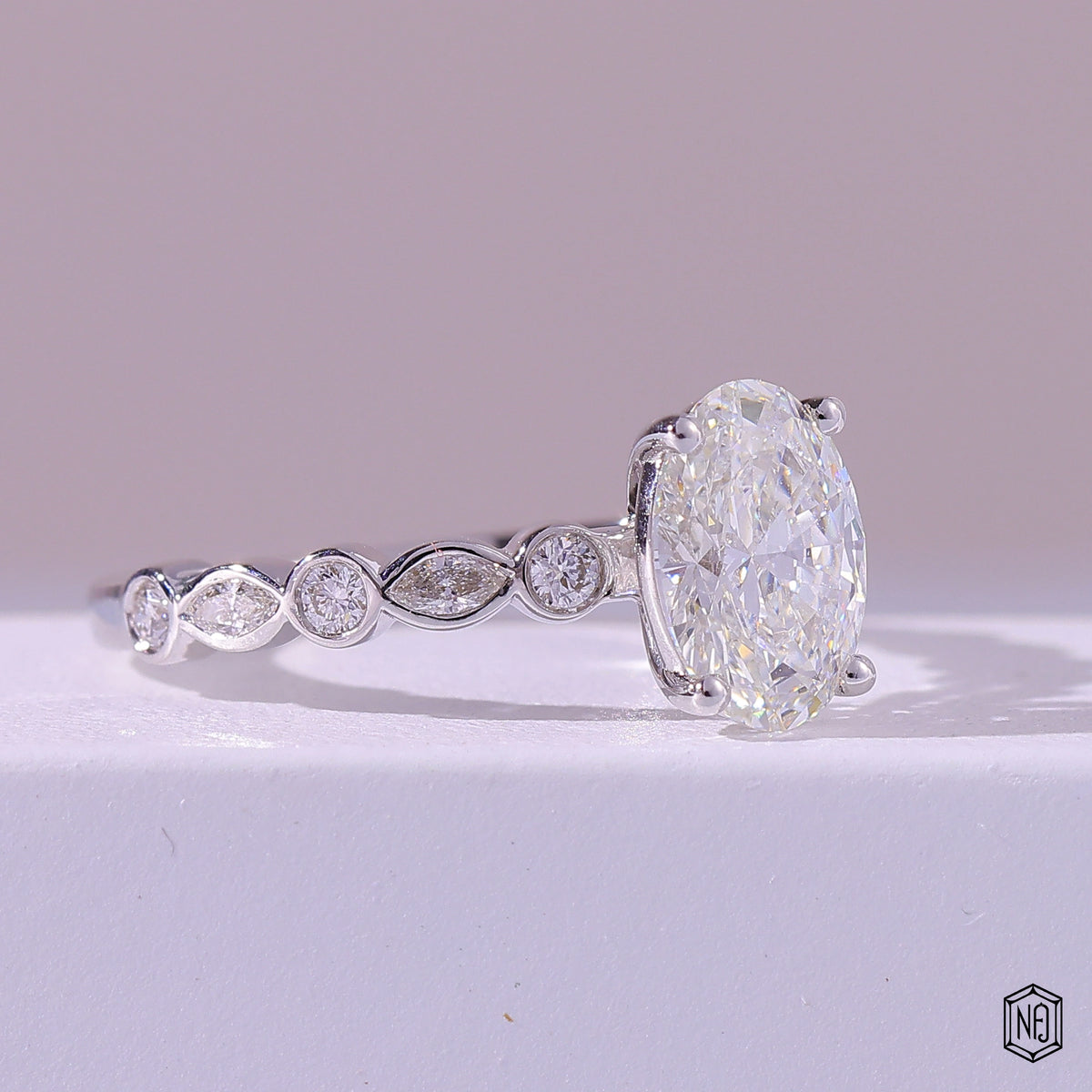 1.58 Carat Oval Cut Lab Grown Diamond Side Stone Pavé Engagement Ring - Gallery & Prongs Detail