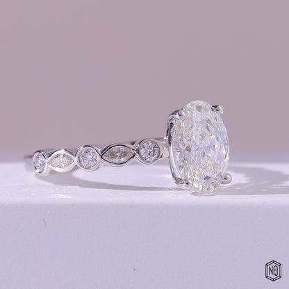 1.58 Carat Oval Cut Lab Grown Diamond Side Stone Pavé Engagement Ring - Gallery & Prongs Detail