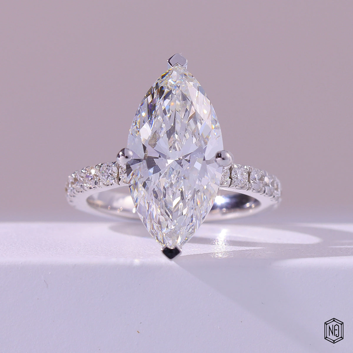 5.76 Carat Marquise Cut Lab Grown Diamond Side Stone Pavé Engagement Ring - Front Top View