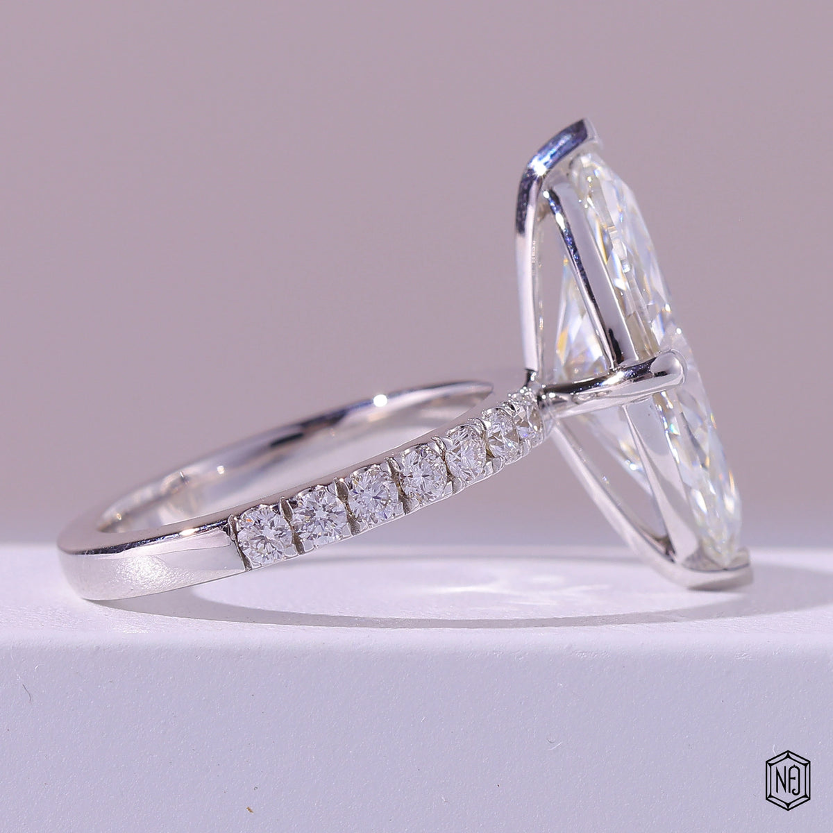 5.76 Carat Marquise Cut Lab Grown Diamond Side Stone Pavé Engagement Ring - Side Profile Angle