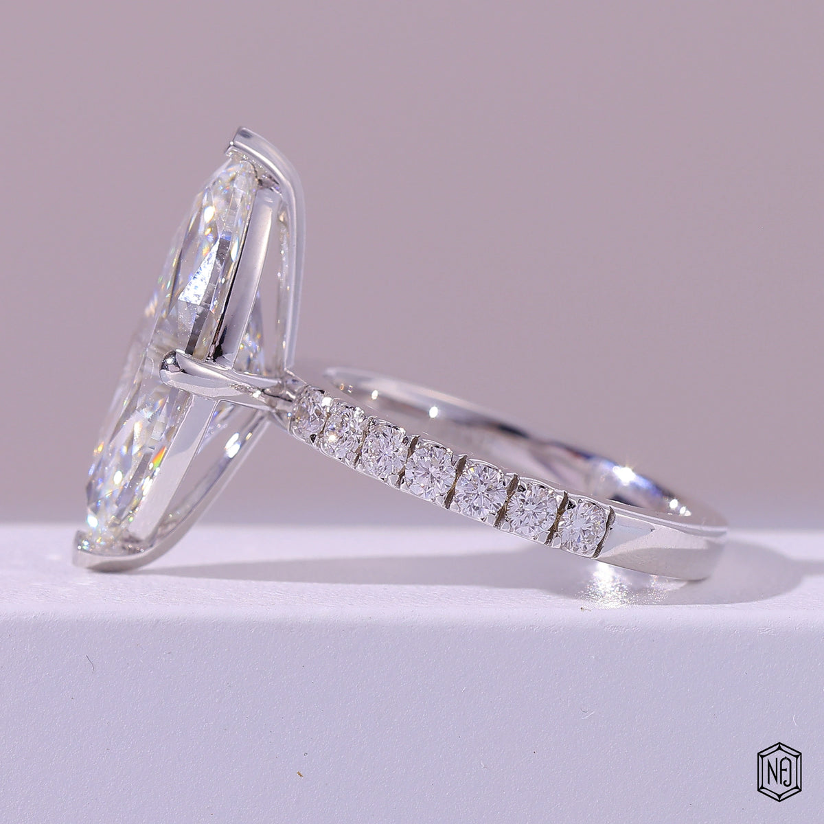 5.76 Carat Marquise Cut Lab Grown Diamond Side Stone Pavé Engagement Ring - Angled Perspective