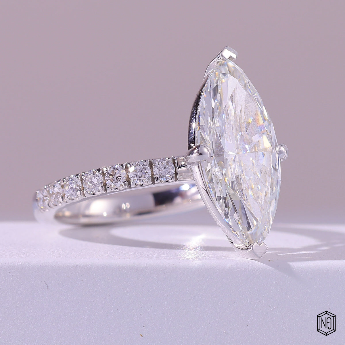 5.76 Carat Marquise Cut Lab Grown Diamond Side Stone Pavé Engagement Ring - Gallery & Prongs Detail