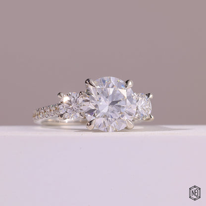 4.09 Carat Round Cut Lab Grown Diamond Trellis Three-Stone Engagement Ring - Gallery & Prongs Detail
