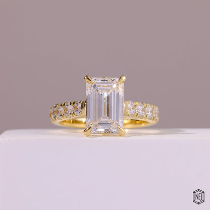 2.8 Carat Emerald Cut Lab Grown Diamond Side Stone Pavé Engagement Ring - Front Top View