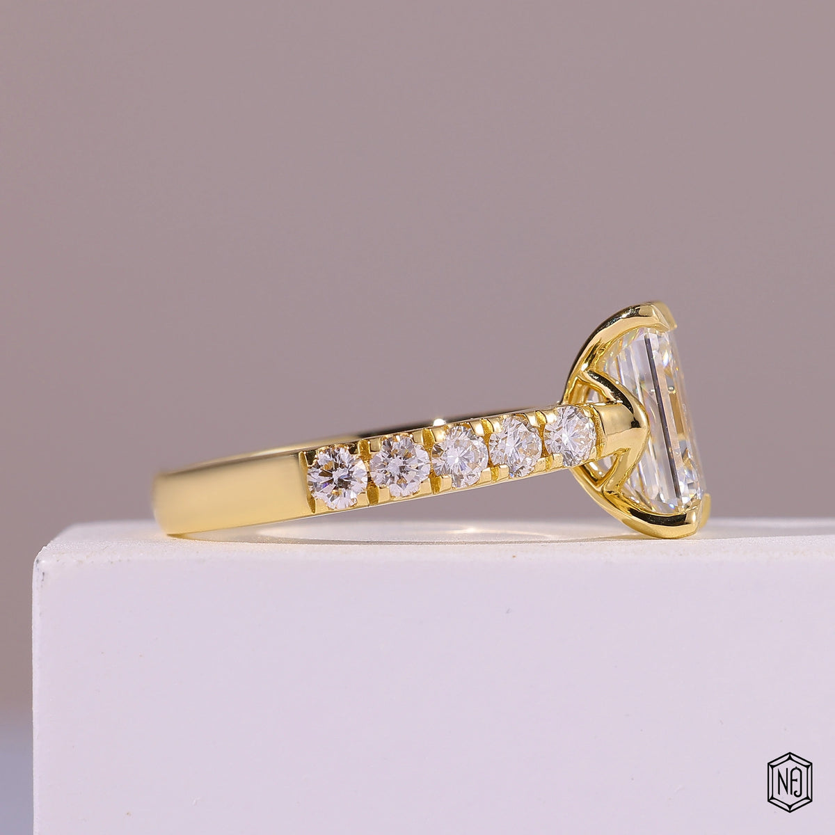 2.8 Carat Emerald Cut Lab Grown Diamond Side Stone Pavé Engagement Ring - Side Profile Angle