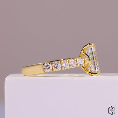 2.8 Carat Emerald Cut Lab Grown Diamond Side Stone Pavé Engagement Ring - Side Profile Angle