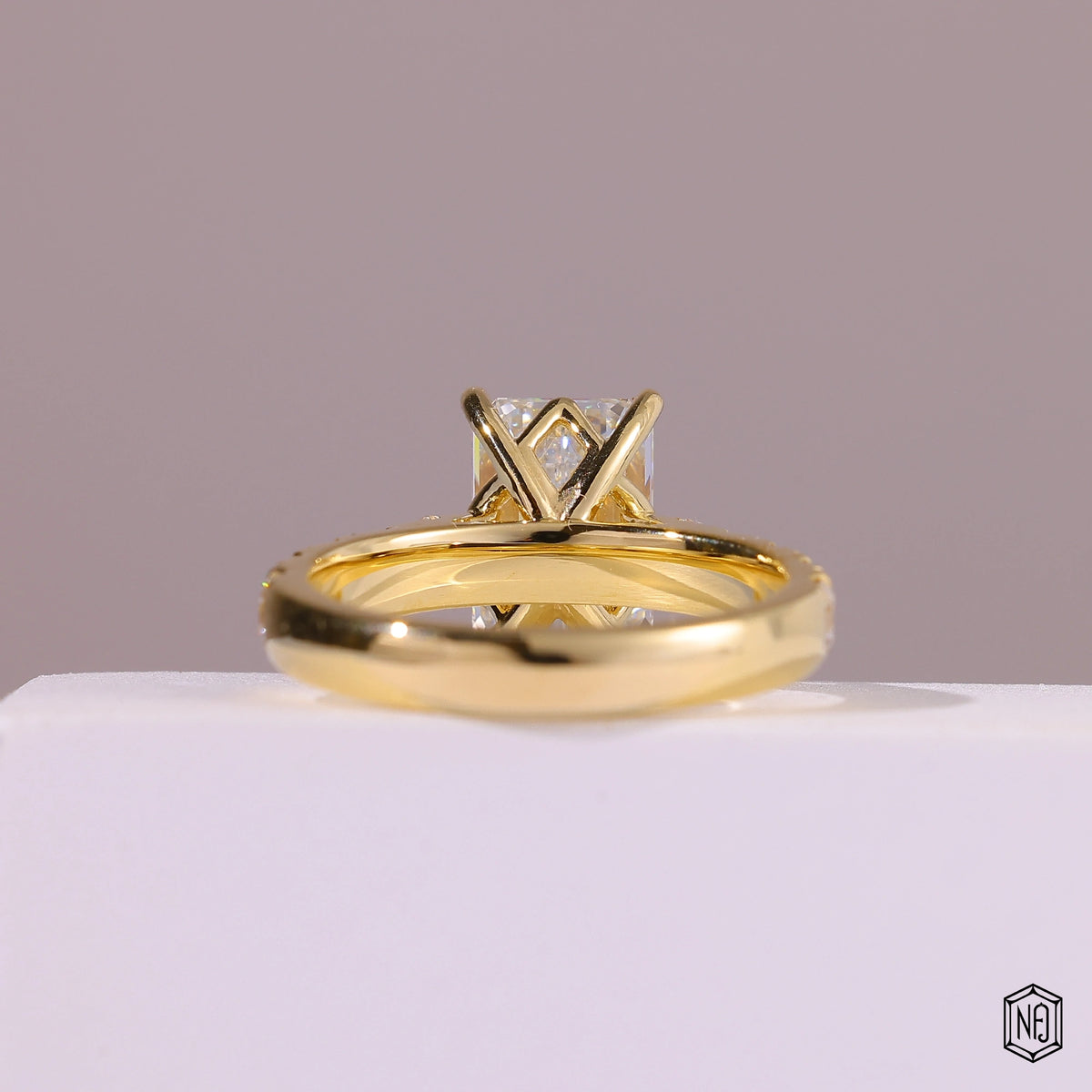 2.8 Carat Emerald Cut Lab Grown Diamond Side Stone Pavé Engagement Ring - Hand View / Detail Angle