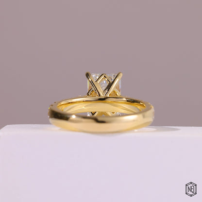 2.8 Carat Emerald Cut Lab Grown Diamond Side Stone Pavé Engagement Ring - Hand View / Detail Angle