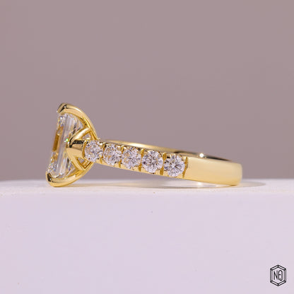 2.8 Carat Emerald Cut Lab Grown Diamond Side Stone Pavé Engagement Ring - Angled Perspective