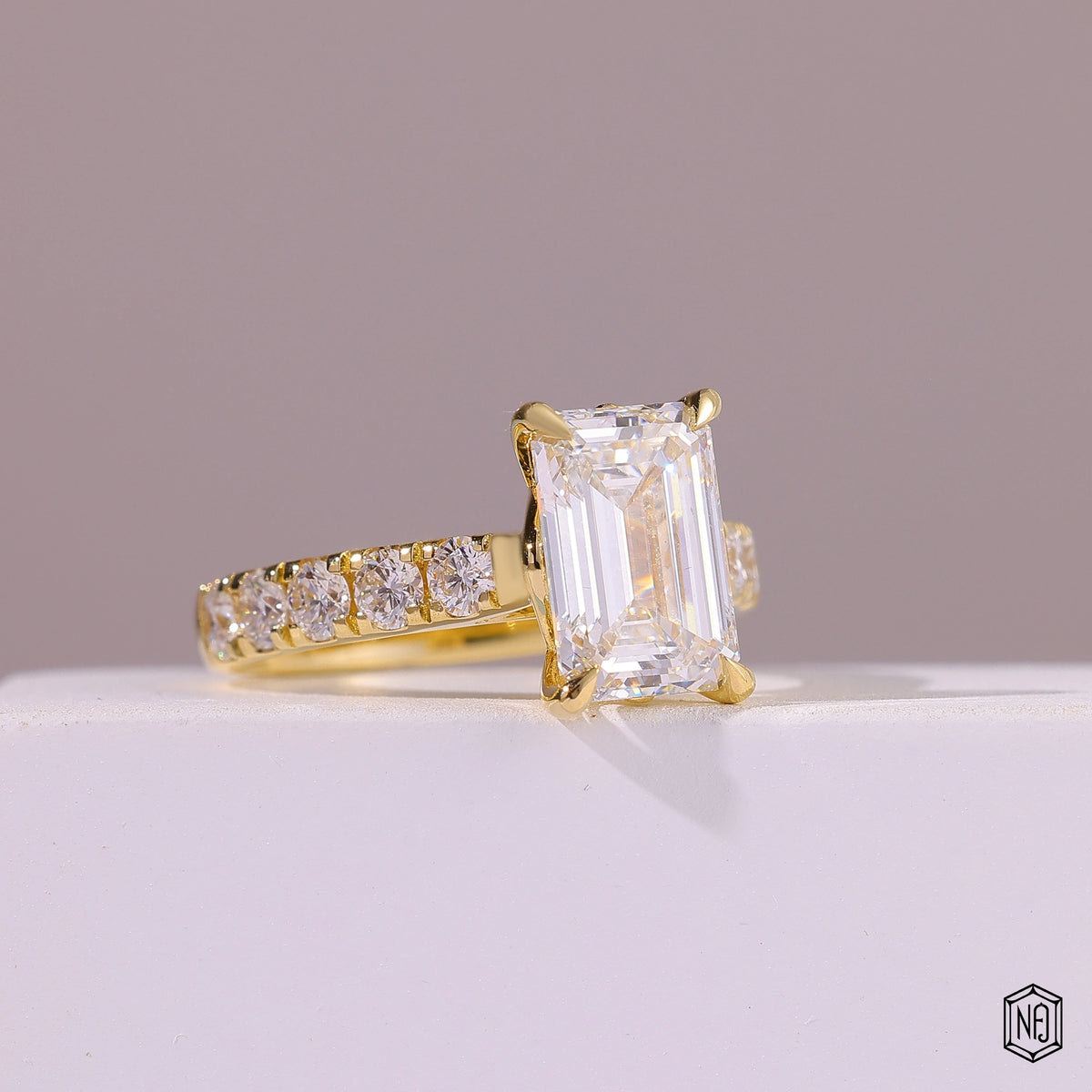 2.8 Carat Emerald Cut Lab Grown Diamond Side Stone Pavé Engagement Ring - Gallery & Prongs Detail