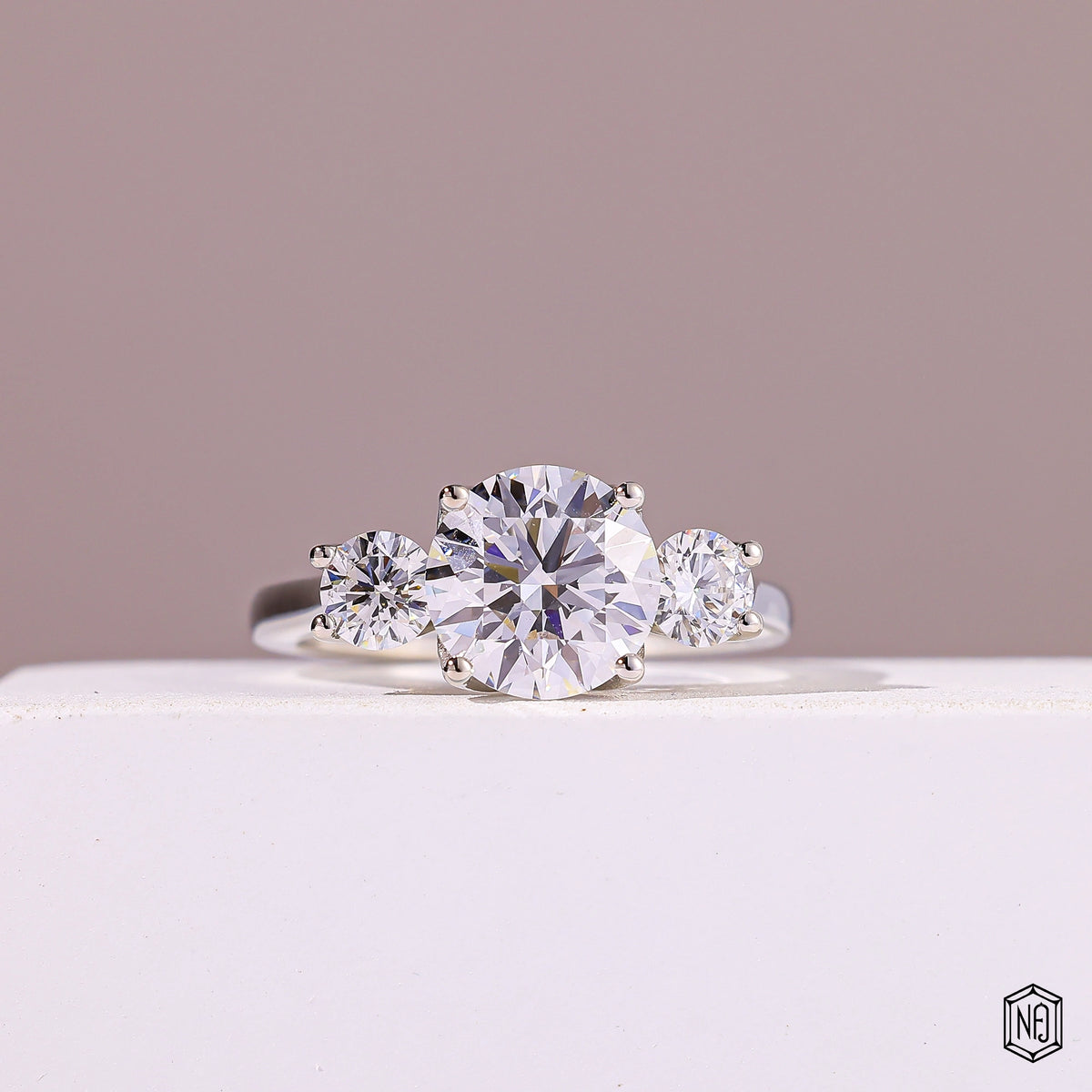 2.08 Carat Round Cut Lab Grown Diamond Trellis Three-Stone Engagement Ring - Front Top View