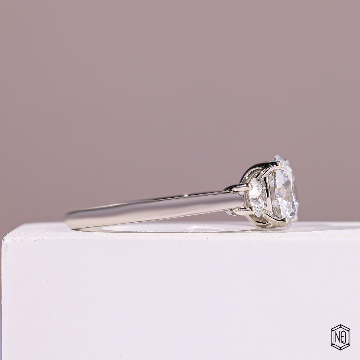2.08 Carat Round Cut Lab Grown Diamond Trellis Three-Stone Engagement Ring - Side Profile Angle