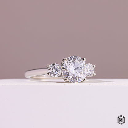 2.08 Carat Round Cut Lab Grown Diamond Trellis Three-Stone Engagement Ring - Gallery & Prongs Detail