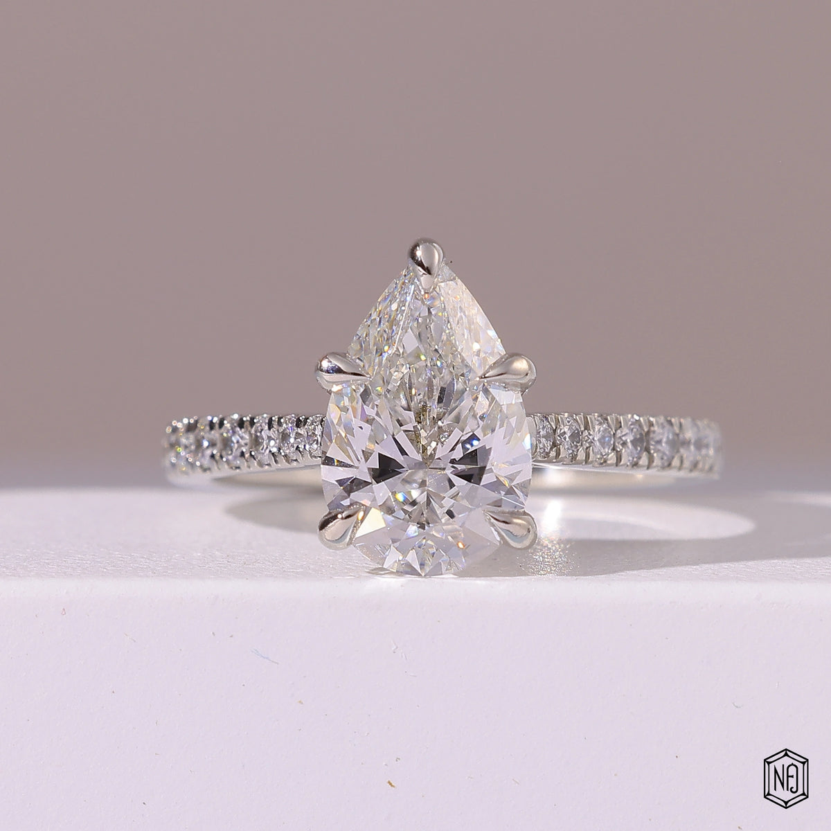 2.29 Carat Pear Cut Lab Grown Diamond Side Stone Pavé Engagement Ring - Front Top View