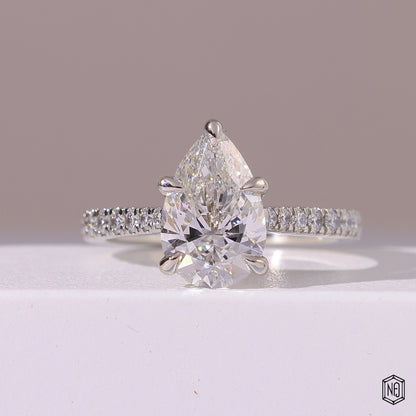 2.29 Carat Pear Cut Lab Grown Diamond Side Stone Pavé Engagement Ring - Front Top View