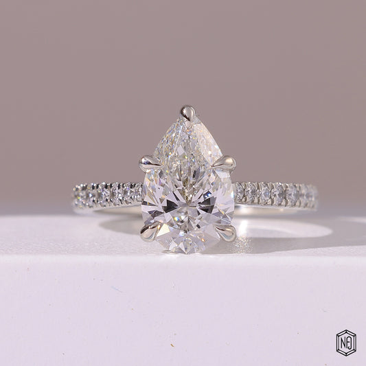 2.29 Carat Pear Cut Lab Grown Diamond Side Stone Pavé Engagement Ring - Front Top View