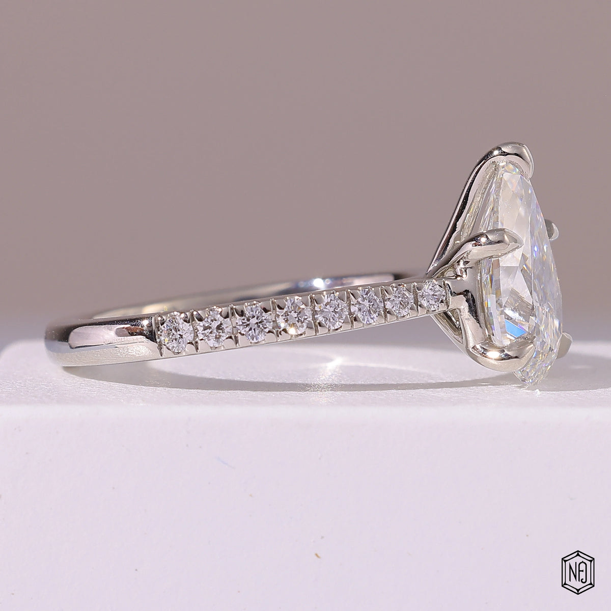 2.29 Carat Pear Cut Lab Grown Diamond Side Stone Pavé Engagement Ring - Side Profile Angle