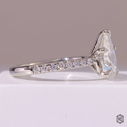 2.29 Carat Pear Cut Lab Grown Diamond Side Stone Pavé Engagement Ring - Side Profile Angle
