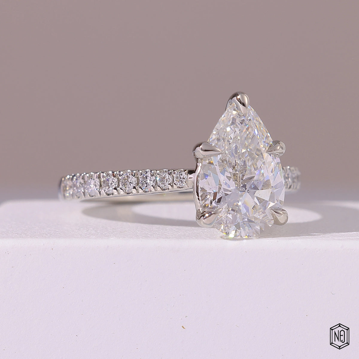 2.29 Carat Pear Cut Lab Grown Diamond Side Stone Pavé Engagement Ring - Gallery & Prongs Detail