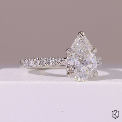 2.29 Carat Pear Cut Lab Grown Diamond Side Stone Pavé Engagement Ring - Gallery & Prongs Detail