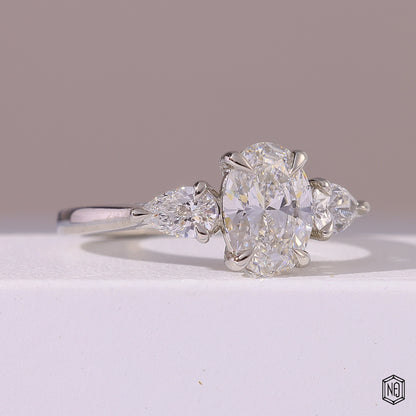 1.5 Carat Oval Cut Lab Grown Diamond Trellis Three-Stone Engagement Ring - Gallery & Prongs Detail