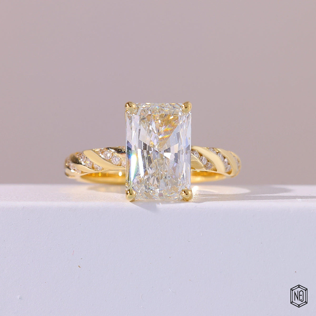 3.5 Carat Radiant Cut Lab Grown Diamond Side Stone Pavé Engagement Ring - Front Top View