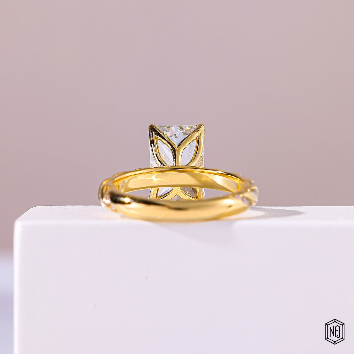 3.5 Carat Radiant Cut Lab Grown Diamond Side Stone Pavé Engagement Ring - Hand View / Detail Angle