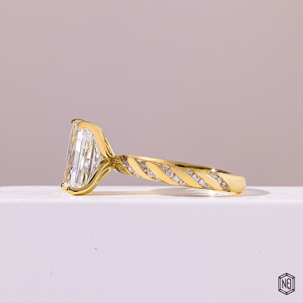 3.5 Carat Radiant Cut Lab Grown Diamond Side Stone Pavé Engagement Ring - Angled Perspective