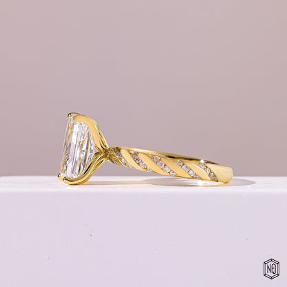 3.5 Carat Radiant Cut Lab Grown Diamond Side Stone Pavé Engagement Ring - Angled Perspective
