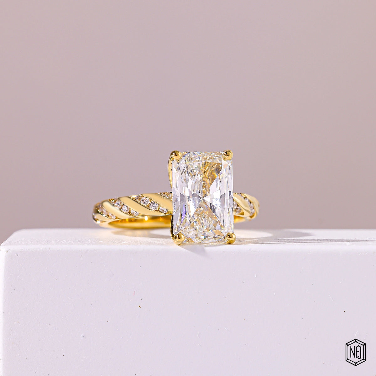3.5 Carat Radiant Cut Lab Grown Diamond Side Stone Pavé Engagement Ring - Gallery & Prongs Detail
