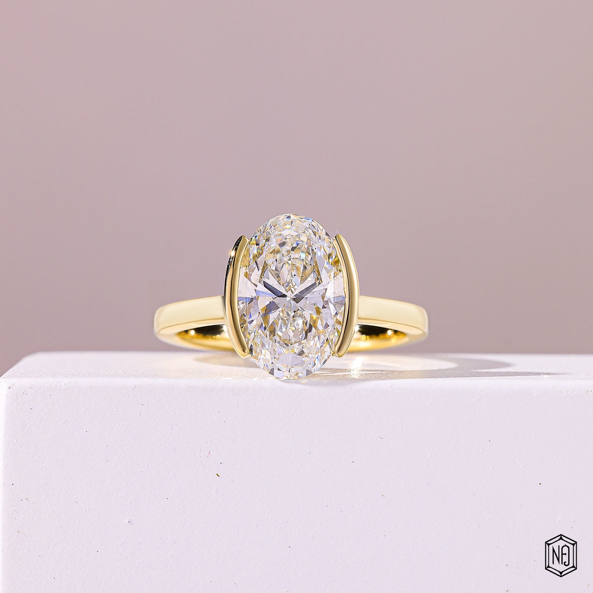 3.51 Carat Oval Cut Lab Grown Diamond Modern Bezel Engagement Ring - Front Top View