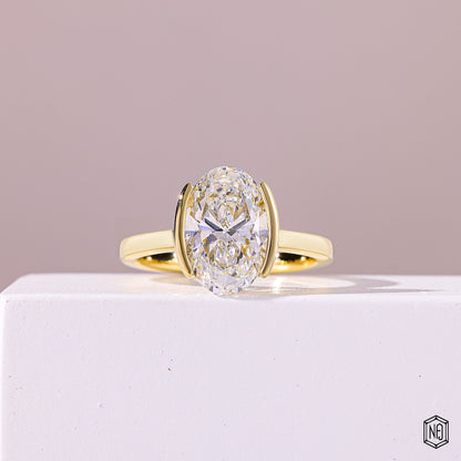 3.51 Carat Oval Cut Lab Grown Diamond Modern Bezel Engagement Ring - Front Top View