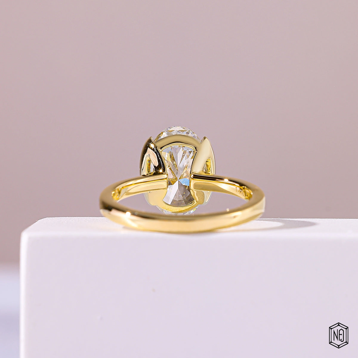 3.51 Carat Oval Cut Lab Grown Diamond Modern Bezel Engagement Ring - Hand View / Detail Angle