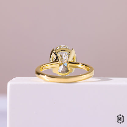 3.51 Carat Oval Cut Lab Grown Diamond Modern Bezel Engagement Ring - Hand View / Detail Angle