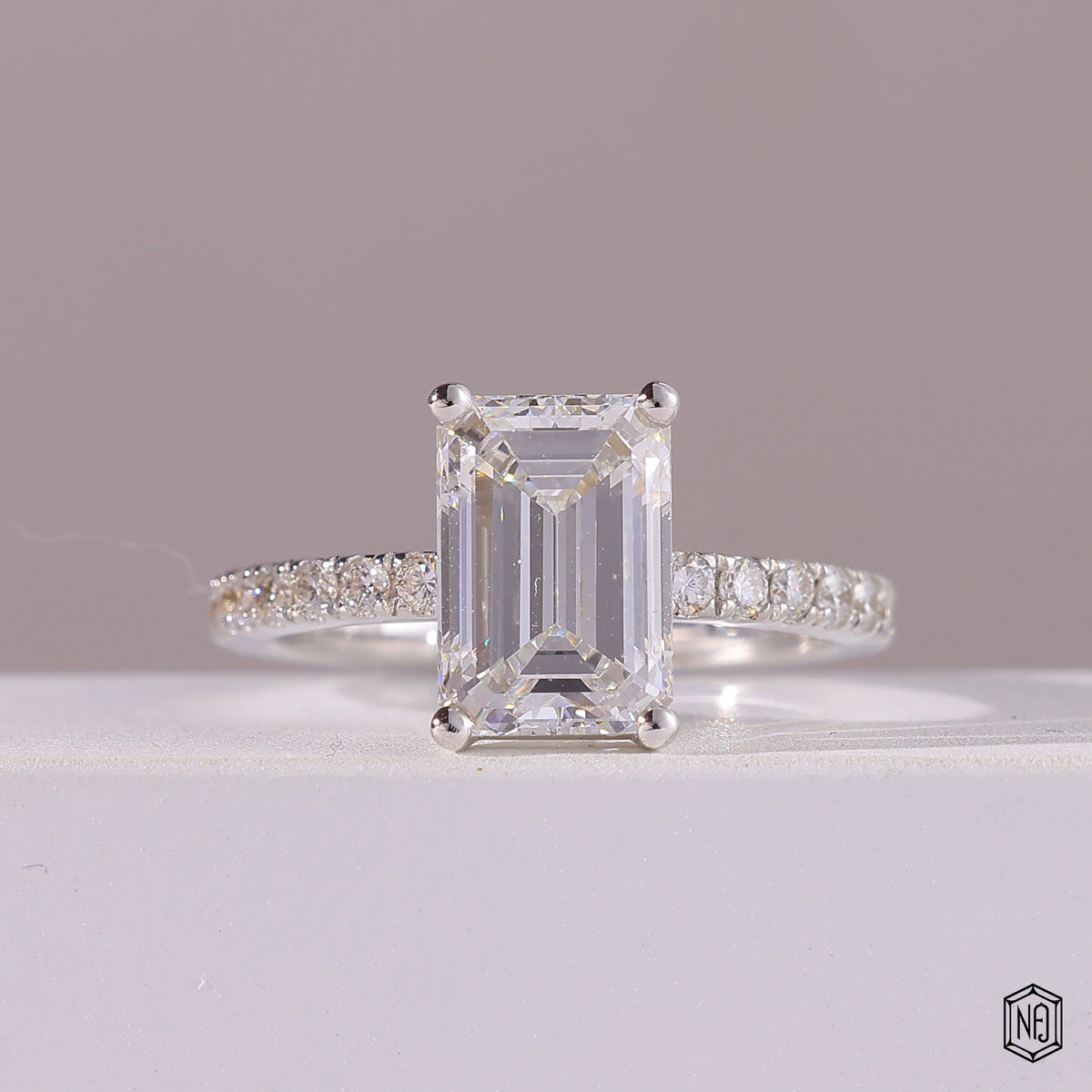 2.76 Carat Emerald Cut Lab Grown Diamond Side Stone Pavé Engagement Ring - Front Top View