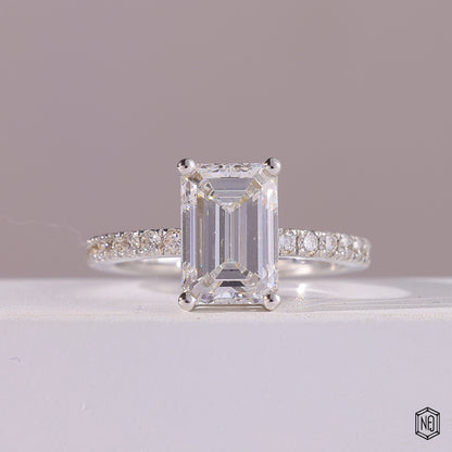 2.76 Carat Emerald Cut Lab Grown Diamond Side Stone Pavé Engagement Ring - Front Top View