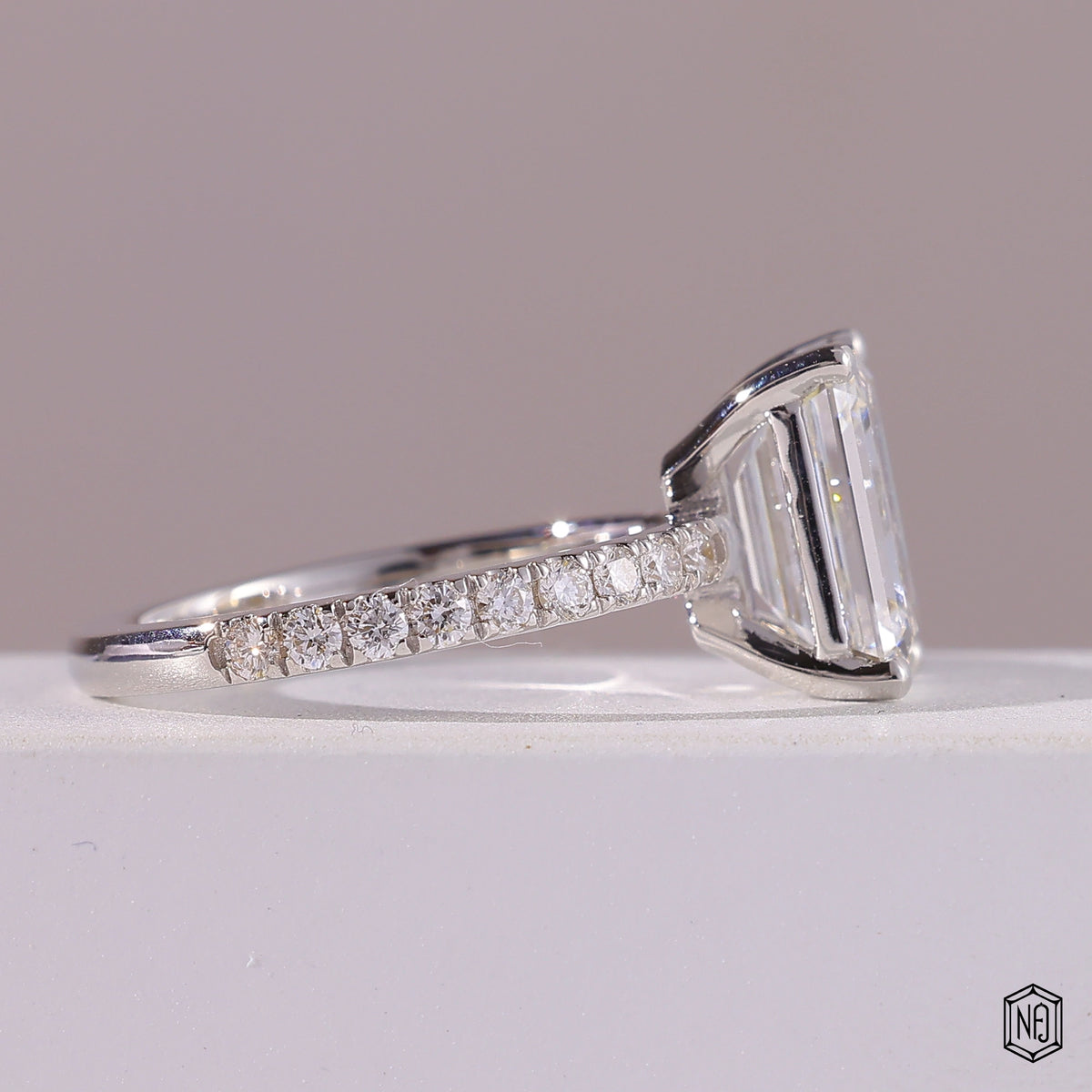2.76 Carat Emerald Cut Lab Grown Diamond Side Stone Pavé Engagement Ring - Side Profile Angle
